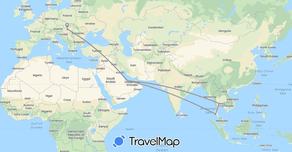 TravelMap itinerary: driving, plane in Hungary, Cambodia, Qatar, Thailand (Asia, Europe)